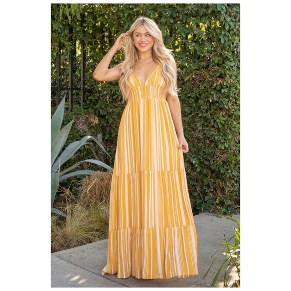 SOLD OUT Yellow & White Striped Smocked Waist Strapless Rayon Gauze Sleeveless - Picture 3 of 6